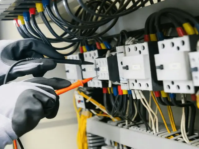 An electrician in a hard hat testing a panel